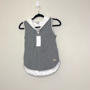 Mira Rae Gray Indian Inspired vest lined with faux fur, full zip, size 10/11